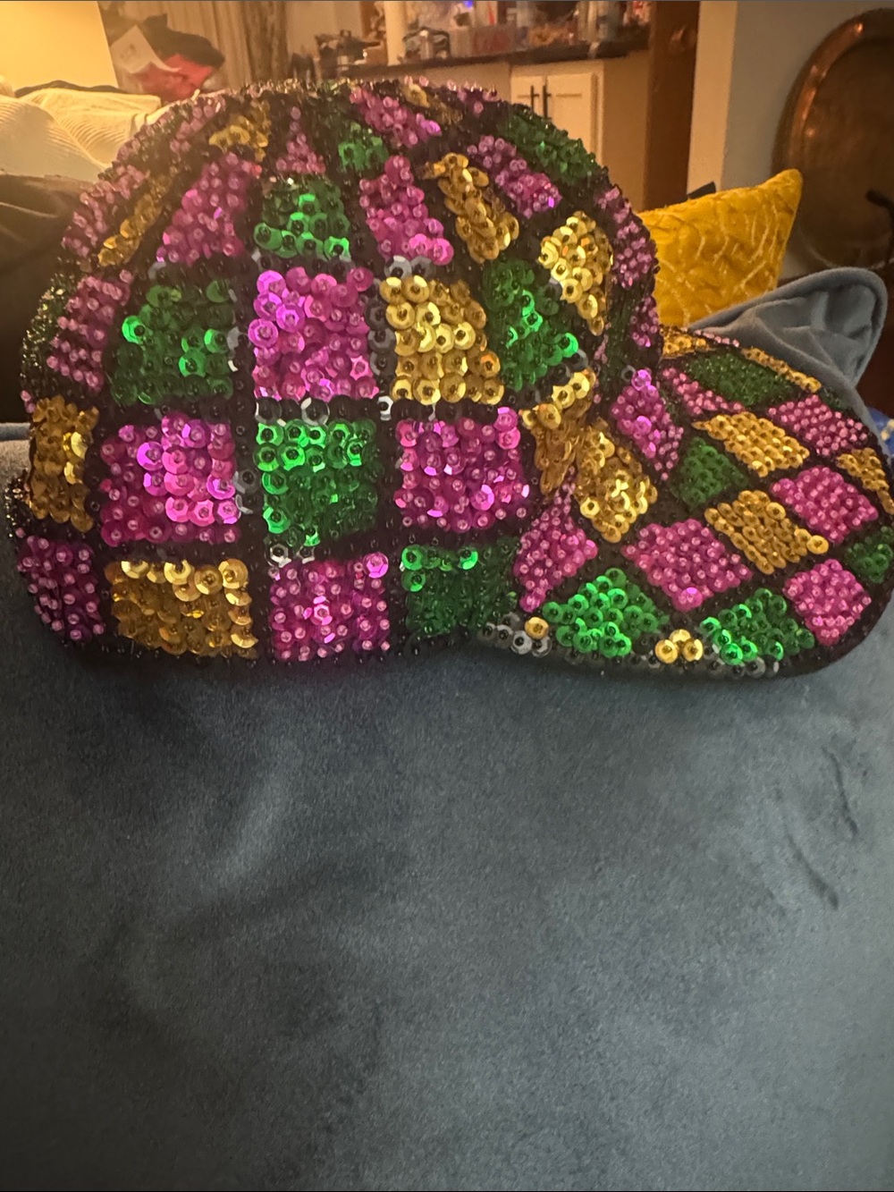 Vintage 80’s New Orleans Sequin Harlequin Baseball Cap in Pink, Green & Gold